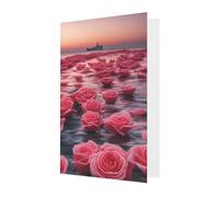 Carte de vœux avec motif roses au bord de la mer, page intérieure vierge, enveloppe incluse, 10 cm x 15 cm.