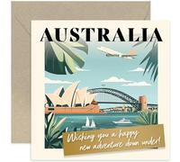 Carte de vœux d'adieu en Australie pour fils, fille, nièce, neveu, Backpacker Gap Year Out Cadeau pour lui ou elle, « New Adventure Down Under », frère, sœur, ami - Intérieur vierge avec enveloppe