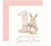 Carte de vœux de 1er anniversaire pour nièce - Lapin rose avec motif aquarelle 1 - Cartes d'anniversaire pour bébé fille - Pour la famille - Cadeaux souvenirs pour premier anniversaire