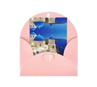 Carte de vœux élégante rose Santorin avec vue sur la mer avec enveloppe assortie - Motif vierge pour anniversaire, mariage