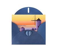 Carte de vœux en papier perlé de haute qualité Motif paysage de l'île de Grèce Bleu 10,2 x 15,2 cm, pour carte d'anniversaire, carte de Saint-Valentin, anniversaire de mariage, fête de remise de