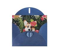 Carte de vœux horizontale avec 2 impressions de fleurs tropicales et corgi en papier nacré pour cartes d'anniversaire et toutes les occasions, bleu