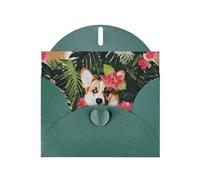 Carte de vœux horizontale avec 2 impressions de fleurs tropicales et corgi en papier nacré pour cartes d'anniversaire et toutes les occasions, vert foncé