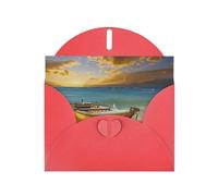 Carte de vœux horizontale en papier nacré pour cartes d'anniversaire et toutes les occasions, motif bateau, plage, lever du soleil, rouge