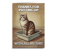 Carte de vœux humoristique pour litière pour chat, avec inscription « Thanks for Putting Up with All My Sh-t », marron style vintage