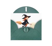 Carte de vœux imprimée HYTTER Little witch riding a broom in the sky vert foncé pour Noël, anniversaires et anniversaires de mariage