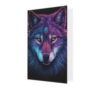 Carte de vœux loup fluo à tête violette, page intérieure vierge, avec enveloppe, 10 cm x 15 cm, pour invitations d'anniversaire et de fête.