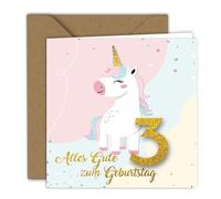 Carte de vœux - Motif licorne avec paillettes - Carte pliante (15 x 15 cm) - Avec enveloppe kraft - Intérieur vierge (3)