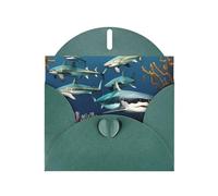 Carte de vœux motif requins sous la mer avec enveloppe vert foncé pour vacances, anniversaires, mariages, anniversaires de mariage et écrire des bénédictions uniques