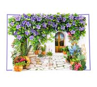Carte de vœux pop-up 3D Cour intérieure méditerranéenne avec fleurs bleues et pots en terre cuite - ouverte 30×20×9 cm, avec enveloppe blanc - Cadeau anniversaire, fête des mères, emménagement
