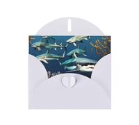 Carte de vœux requins sous la mer avec enveloppe blanche pour les vacances, les anniversaires, les mariages, les anniversaires de mariage et écrire des bénédictions uniques
