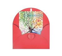 Carte de vœux rouge - Belle carte vierge imprimée arbre quatre saisons pour anniversaire, mariage, Saint-Valentin et invitation à une fête
