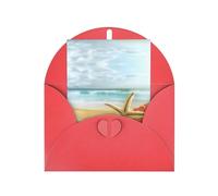 Carte de vœux rouge élégante - Étoile de mer et corail sur la plage - Carte vierge avec sceaux dorés béni pour anniversaire, mariage, Saint-Valentin