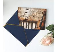 Carte de vœux vierge imprimée avec notes de musique pour piano et violon, carte de remerciement, carte d'invitation, festival, cartes de vœux et toutes les occasions Bleu