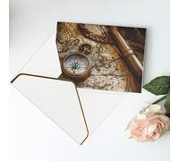 Carte de vœux vierge imprimée boussole et vieille carte du monde - Carte de Noël, cartes de remerciement, carte d'invitation, festival, cartes de vœux et toutes les occasions - Blanc