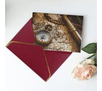 Carte de vœux vierge imprimée boussole et vieille carte du monde - Carte de Noël, cartes de remerciement, carte d'invitation, festival, cartes de vœux et toutes les occasions - Rouge foncé