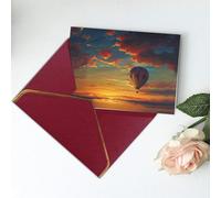 Carte de vœux vierge imprimée montgolfière et coucher de soleil - Carte de remerciement, carte d'invitation pour fête, festival et toutes les occasions - Rouge foncé