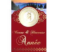 Carte Découpée Bonne Année Meilleurs Vœux Branche de Houx en Or Doré avec Enveloppe Village Forêt de Sapins de Noël sous la Neige Paysage Hiver Montagne Rouge Bordeaux Traditionnel Souhaits 61-4070-B
