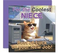 Carte d'emploi pour nièce - Brighten Her Big Move - Lunettes de soleil chat à l'ordinateur Apporte des encouragements ludiques - Parfait pour répandre de bonnes vibrations - Carré de 145 mm, enveloppe