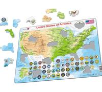 Carte Des États-Unis, Avec Des Badges D'État Puzzle En Bois 29x37cm RÉDUIT