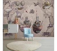 Carte Dessinée À La Main Bicyclette D'Avion À Voile Rétro Papier Peint 3D Installation Facile Intissé Tapisserie Bureau Salon Canapé Chambre Décoration Murale-200cm×140cm