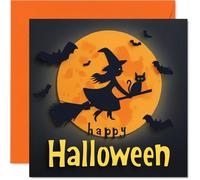 Carte d'Halloween ludique - Sorcière et chat zoomant passées chauves-souris sur un balai - Toile de fond en forme de lune orange audacieuse - Carré de 145 mm, enveloppe incluse