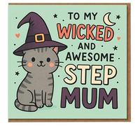 Carte d'Halloween To My Wicked and Awesome Step Mum - Adorable chat sorcier, étoiles et lune - Carte amusante pour belle-mère
