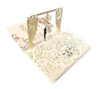 Carte d'invitation de mariage 3D Pop Up à trois volets, carte de vœux découpée au laser(Beige)