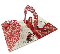 Carte d'invitation de mariage 3D Pop Up à trois volets, carte de vœux découpée au laser(Red)