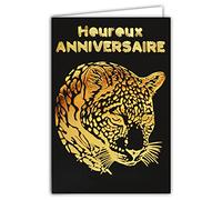 Carte Double Anniversaire - Félin léopard panthère avec Dorure - Format 12 x 17,5 cm - Meilleurs Vœux - Enveloppe Blanche - Message Original - Fabriquée en France- Afie 69-7021