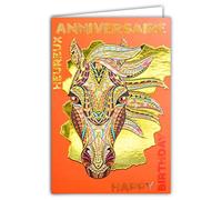 AFIE Carte Double Heureux Anniversaire avec Dorure Or Motif Cheval - Meilleurs Vœux - Enveloppe Incluse - Message Original - Fabriquée en France 69-4018
