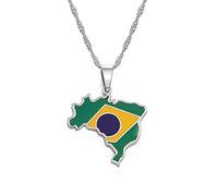 Carte Du Brésil Colliers Pendentifs - Charme Cartes Ethniques Africaines Drapeau Colliers À Chaîne Mince, Patriotic Or Couleur Carte Bijoux Hip Hop Pour Les Femmes Hommes Fête Cadeau,Argent,45Cm