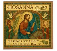 Carte du dimanche des Rameaux - Hosanna le dimanche des Rameaux, bénédictions pour un jour saint et joyeux - Voeux de Pâques chrétiens avec art de Jésus sur un âne, des palmiers et des colombes