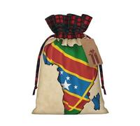 Carte du drapeau du Congo avec imprimé froissé - Sacs cadeaux de fête de Noël en lin avec cordon de serrage pour Noël, vacances, mariage, bonbons, bijoux, sacs à bijoux, tissu à carreaux