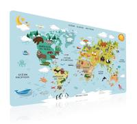 Carte du monde avec animaux en Bleu sur Français - Éducatif Sous-main pour Enfant 40x60cm - Tapis de Bureau Imperméable - Cuir PU Double Face effaçable facile à nettoyer - pour Devoirs, Dessin