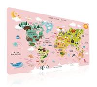 Carte du monde avec animaux en Rose sur Français - Éducatif Sous-main pour Enfant 40x60cm - Tapis de Bureau Imperméable - Cuir PU Double Face effaçable facile à nettoyer - pour Devoirs, Dessin