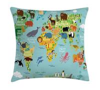 Carte du Monde avec des Animaux De Dessin Animé, Montagnes Et Forêts, Happy Atlas Taie d'oreiller Luxe Housse Coussin Decorative Housses De Coussins pour Salon Extérieur Lit 45X45Cm