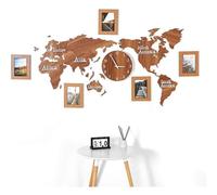 Carte du Monde en Bois 3D avec Ensemble d'horloges avec Cadre Photo, horloges murales du Monde, Noir, Carte du Monde for Salon, Bureau et Chambre à Coucher, décoration Murale en Bois(Brown,130cm)