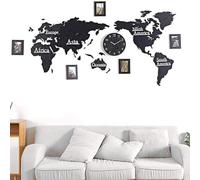 Carte du Monde en Bois 3D avec Ensemble d'horloges avec Cadre Photo, horloges murales du Monde, Noir, Carte du Monde for Salon, Bureau et Chambre à Coucher, décoration Murale en Bois(Black,180cm)