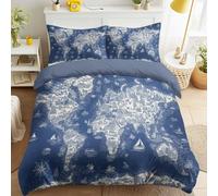 Carte du Monde Océan Architecture Bleu Marine, Parure de Lit 220 x 240 cm, Housse de Couette pour Adolescents Bureau, Ensemble de Literie en Microfibre avec Taies d’Oreiller, pour Décor de Chambre