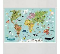 Carte du monde pour enfant - Poster XXL - Carte du monde pour chambre d'enfant - Poster éducatif - Illustration de cartes du monde pour enfants - Animaux - Impression de carte du monde