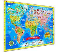 Carte du monde pour l'apprentissage des enfants - Grande affiche éducative colorée 84 x 61 cm Illustrée avec carte du monde - Jeux de géographie amusants de recherche et de découverte - Atlas en art