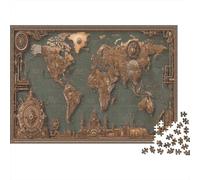 Carte du Monde Puzzle 1000 Pièces Adultes Style Steampunk Industriel Puzzle en Bois DIY Cadeau Amusement Collection d'art pour L'accrocher Une Fois L'assemblage Terminé Multi-Colour 1000pcs (75x50cm)