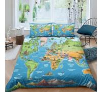 Carte du monde Qualité Supérieure Parure 3 Pièces De Lit De Luxe Avec 3D Imprimée Géographie Housse De Couette Imprimée Sauvages À Microfibre Fermeture Éclair Enfants Adultes double（200x200cm）
