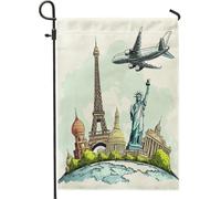 Carte du monde Terre, bâtiment avant cour, arrière-cour, drapeaux de jardin verticaux 30,5 x 45,7 cm double face pour extérieur, avion, compagnie aérienne, maison, drapeau imprimé, statue de déesse