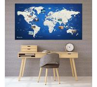 Carte du monde XXL comme tableau d'affichage | Épingler les destinations de voyage et les vacances | Carte en polaire élégante en bleu | 130 x 70 cm, dont 20 épingles de drapeau