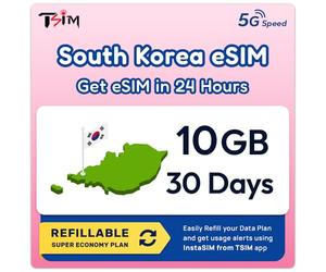 Carte eSIM Corée du Sud 30 jours | Plan rechargeable Super Saver de 10 Go ! Code QR envoyé par e-mail dans les 24 heures - Scannez et utilisez immédiatement | Activation automatique | Vitesse 5G +