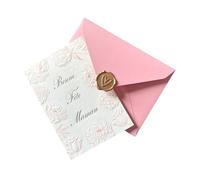 Carte Fête des Mères - Anniversaire - Bonne Fête Maman - Carte Élégante et Raffinée en Papier de Coton Texturé avec Fleurs en Relief - Enveloppe & Sceau de Cire Inclus (Enveloppe Rose)
