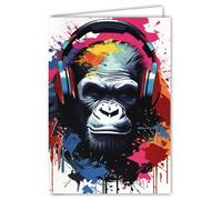 Carte Gorille Singe qui écoute de la Musique avec un Casque Audio Rouge Brillant - Avec Enveloppe Blanche Format 12x17,5cm -Carte ouverte intérieur blanc 23x17cm -Fabriqué en France -Pour Anniversaire