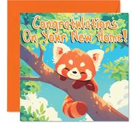 Carte Happy New Home pour homme et femme - Panda rouge - Carte de félicitations pour pendaison de crémaillère pour amis, famille, collègue, voisin, 145 mm